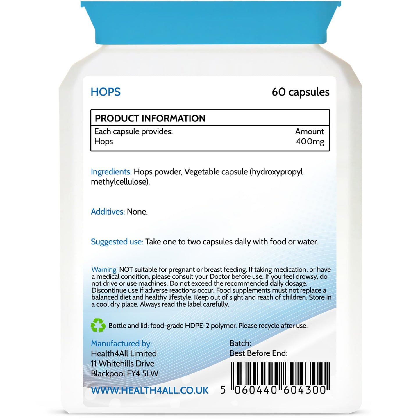 Health4All Hops 400mg, 60 Capsules 2 Months Supply, Purest Anxiety, Stress and Sleep Supplement, Humulus Lupulus Flower (strobiles, Cones) Herbal Vegan Capsules (not Tablets) | Made in UK