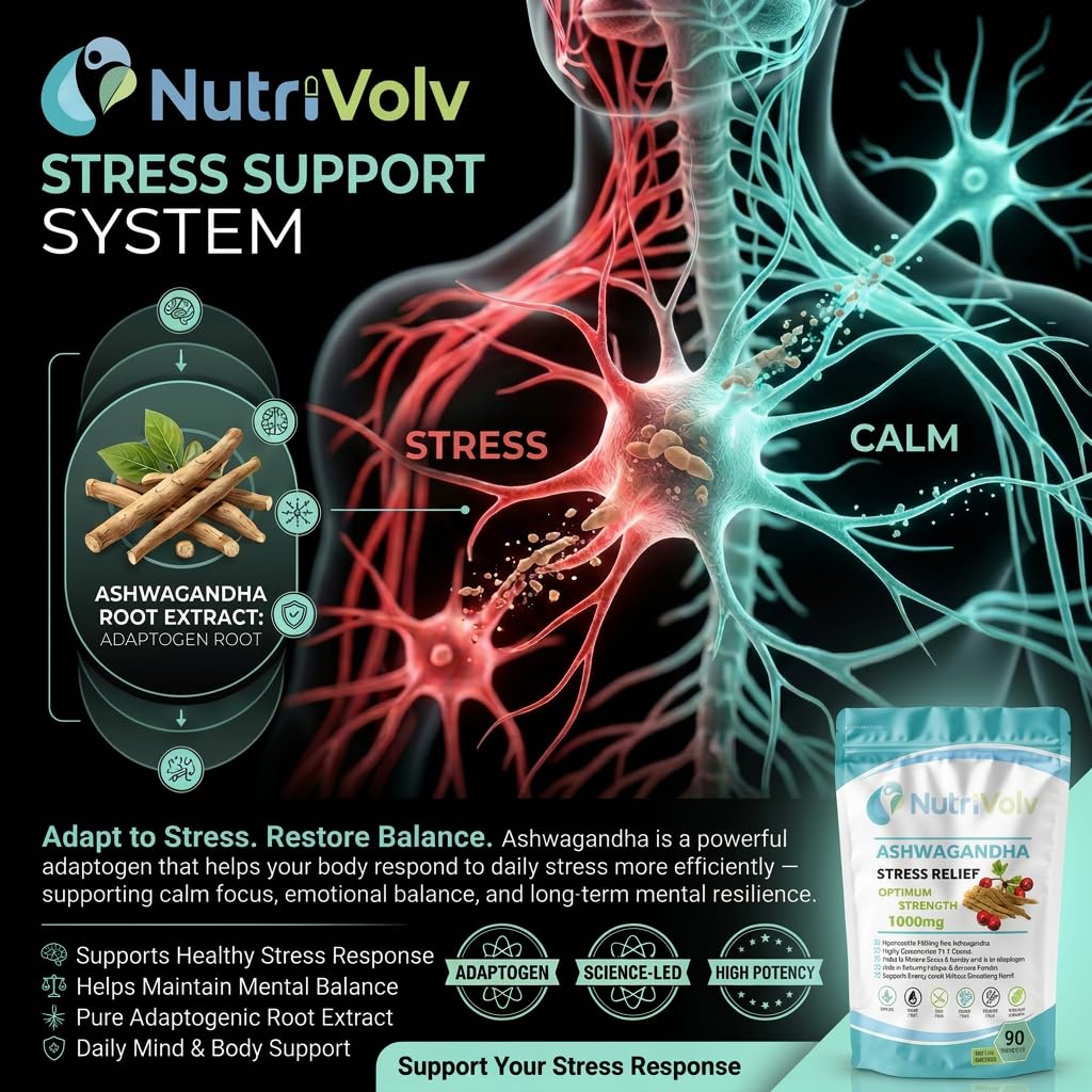 NutriVolv Ashwagandha 1000mg – 90 Vegan Tablets | High Strength Extract | Adaptogen for Stress, Anxiety & Fatigue Relief | Supports Energy, Focus, Mood, Sleep & Hormonal Balance | Ayurvedic Supplement