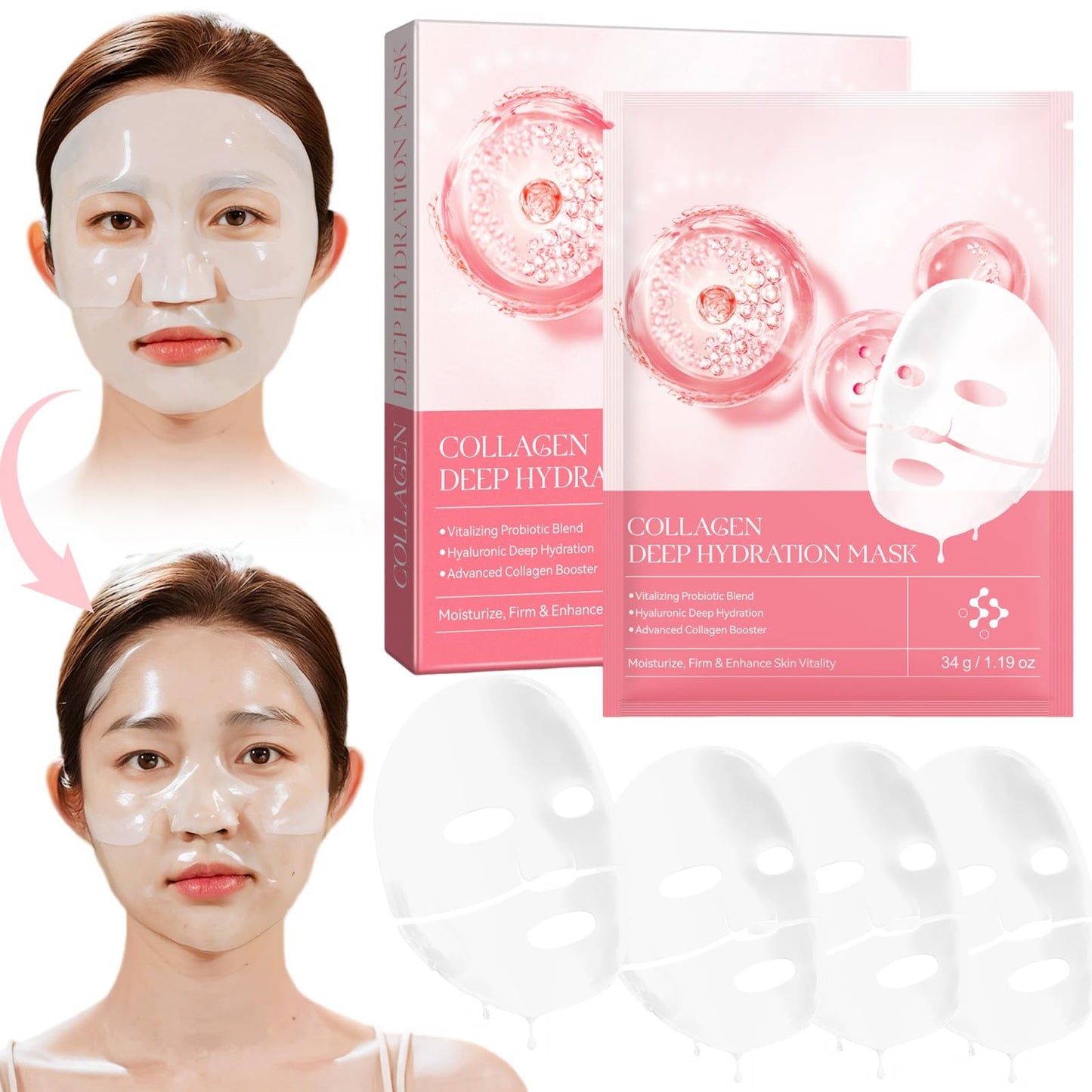 VFjVlVdG Bio Collagen Face Mask, Korean Bio Collagen Mask Overnight, Collagen Real Deep Mask for Lifting, Firming, Moisturizing - 34g x 4ea