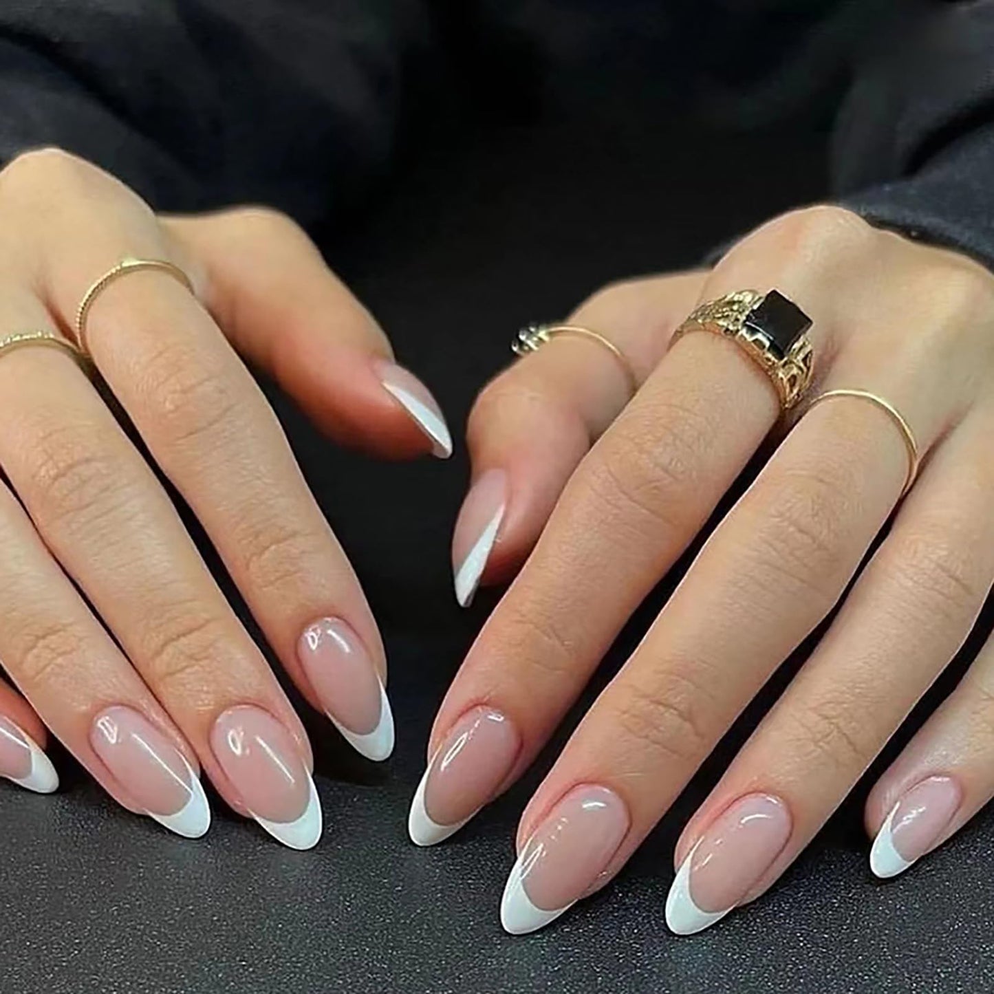 NLFOX Press on Nails Almond - False Nails French Tip - 24pcs Long Fake nails with Glue - Stick on Nails for Women - Full Cover Almond Nail Tips Long Lasting for DIY French Manicure Home