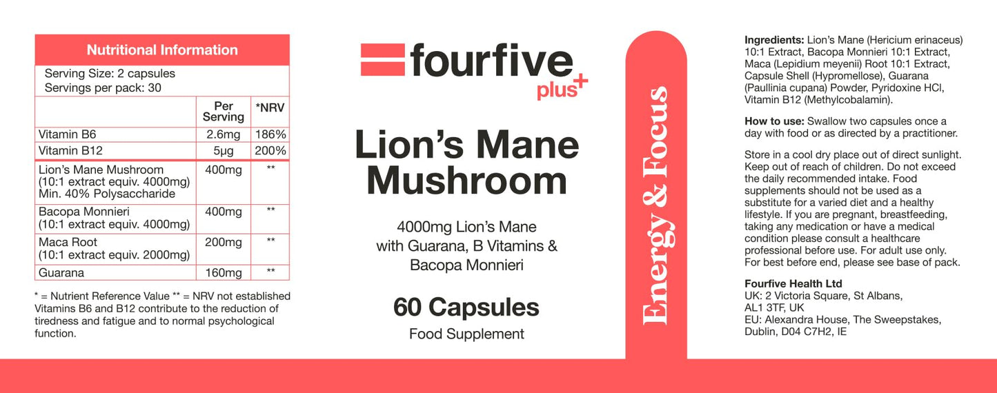 fourfive Lions Mane Mushroom Supplement (4000mg) Energy & Focus Blend with Vitamin B5, Support Brain Function, Focus & Energy - 60 Capsules