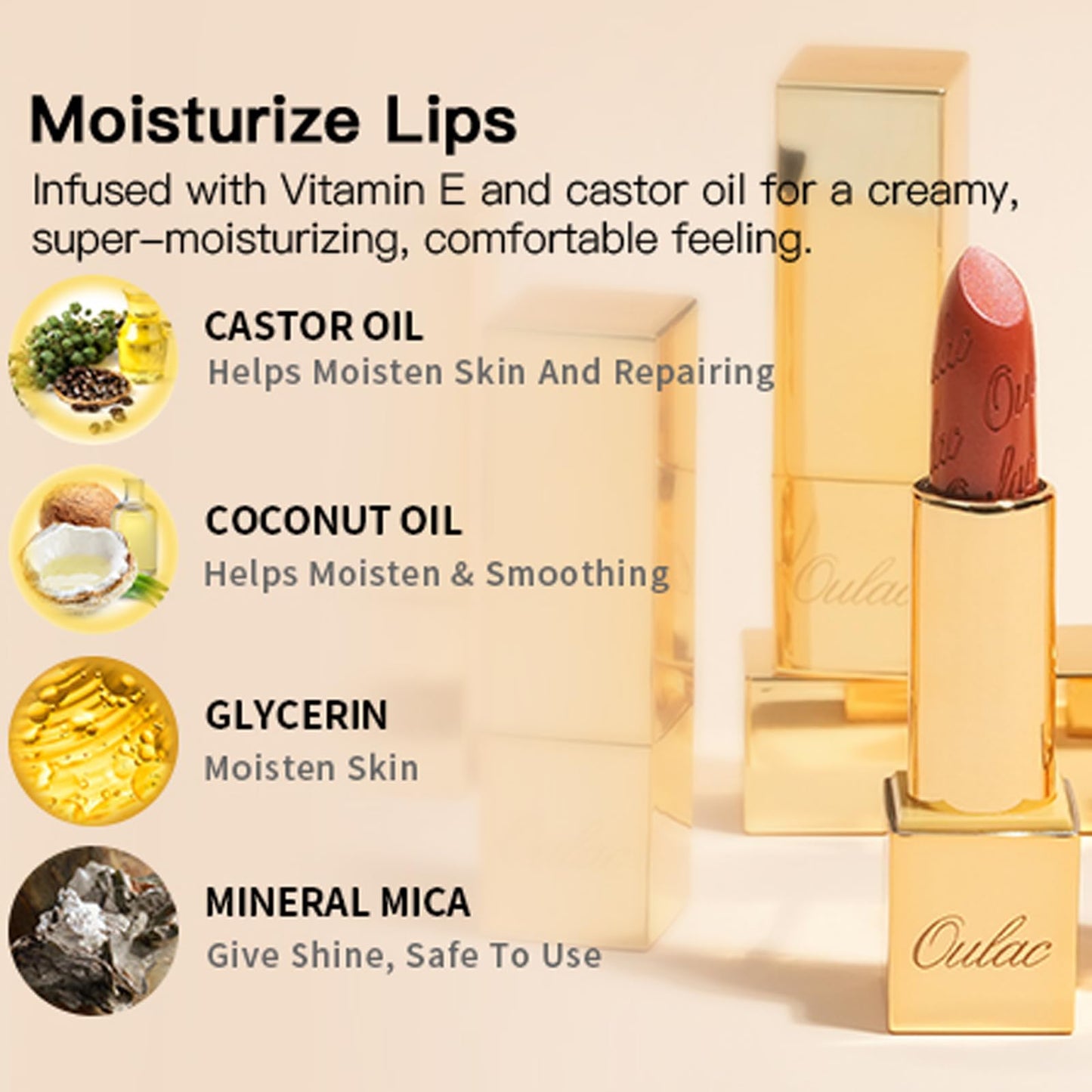 Oulac OULAC Glow Metallic Shine Lipstick, Nude High Impact Lipcolor, Lightweight Soft and Ultra Hydrating, Long Lasting, Vegan & Cruelty-Free, Full Coverage Lip Color 4.3 g/0.15 GM01 Serene