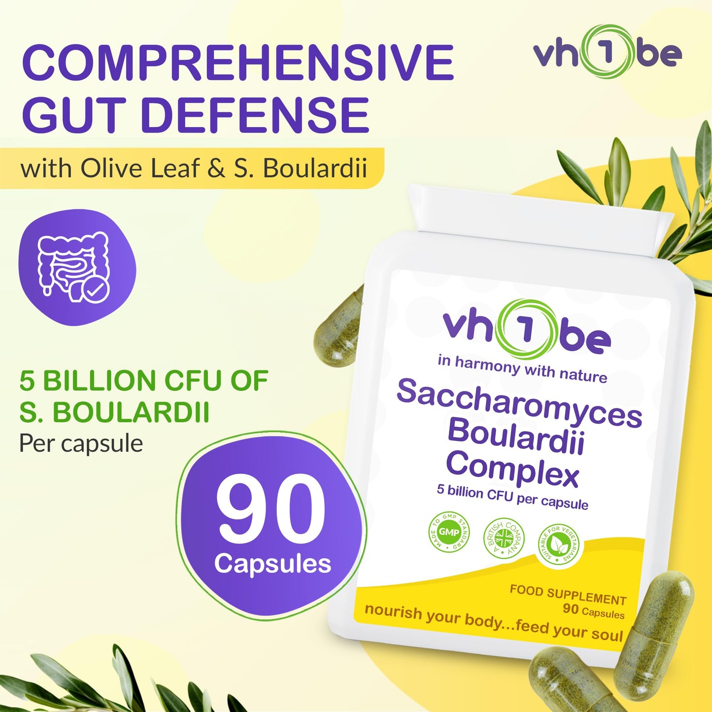 Saccharomyces Boulardii Probiotic – 90 Capsules | 5 Billion Friendly Bacteria with Olive Leaf, Biotin & Vitamin D | Natural Yeast Supplement for Gut Balance & Immune Support | UK Made by vh1be