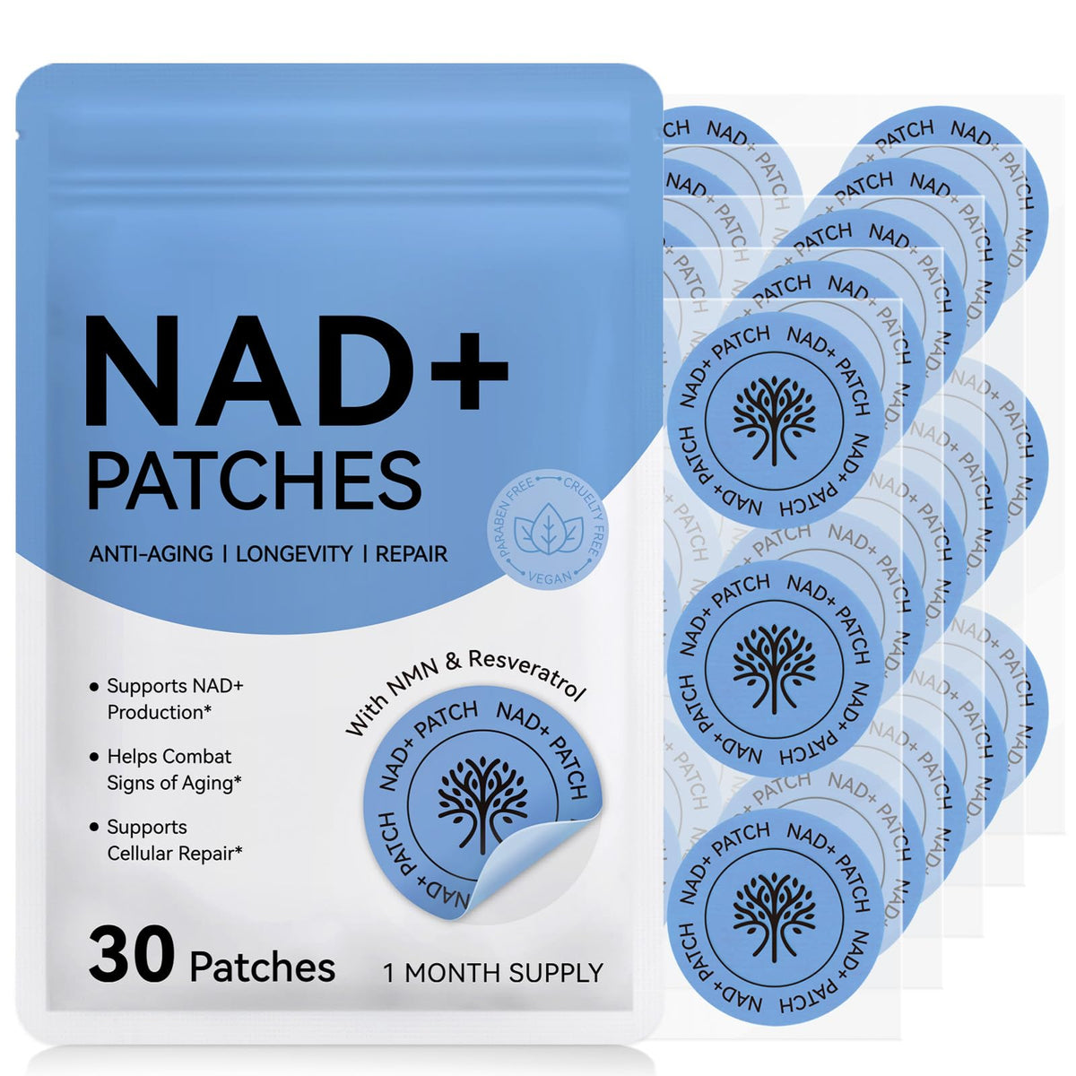 APCKFLEE NAD+ Patches for Women, NAD+ Patch for Anti-Aging and Wellness Support, Nicotinamide, Vitamin C, Premium 8-Hour Time-Release Formula, Vegan, 30 Count