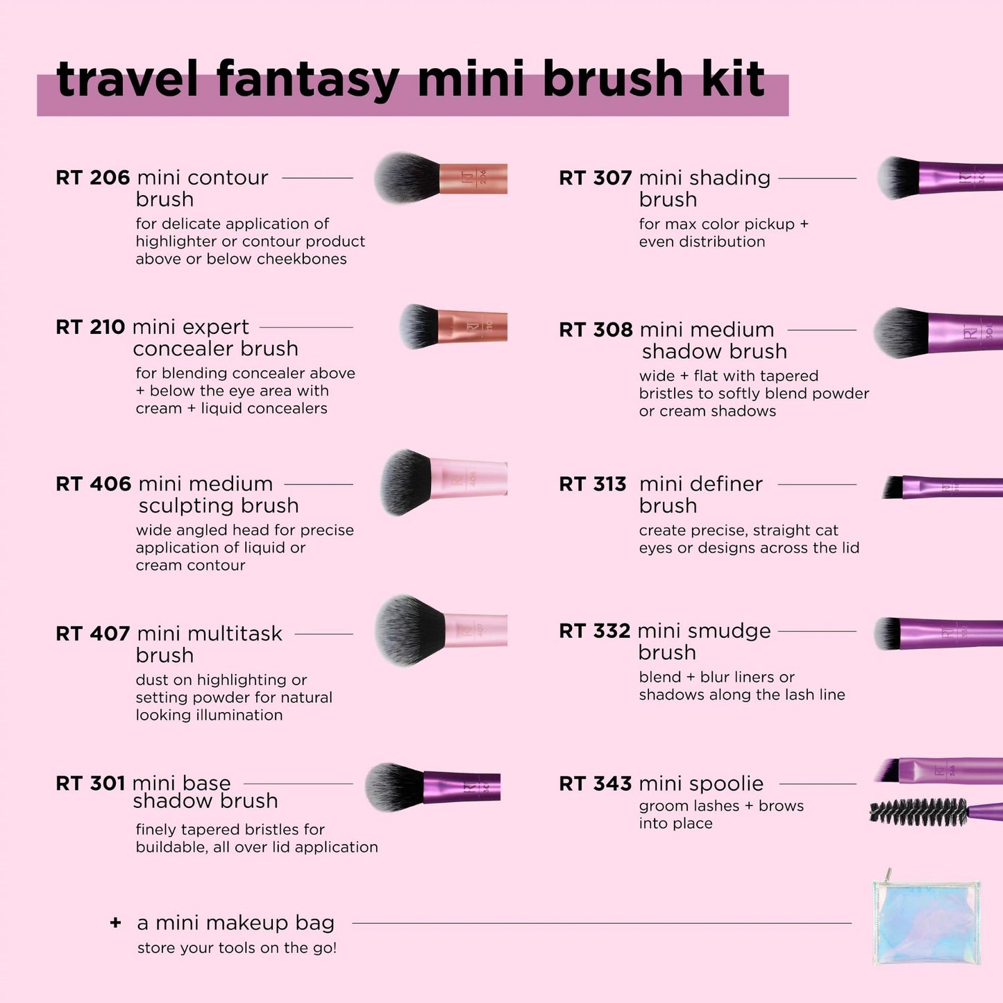 REAL TECHNIQUES Real Techniques Travel Fantasy Mini Brush Kit, Makeup Brushes For Eyeshadow, Highlight, Contour, Powder, and Concealer, Travel-Sized Brushes and Cosmetic Bag, Synthetic Bristles, 11 Piece Set
