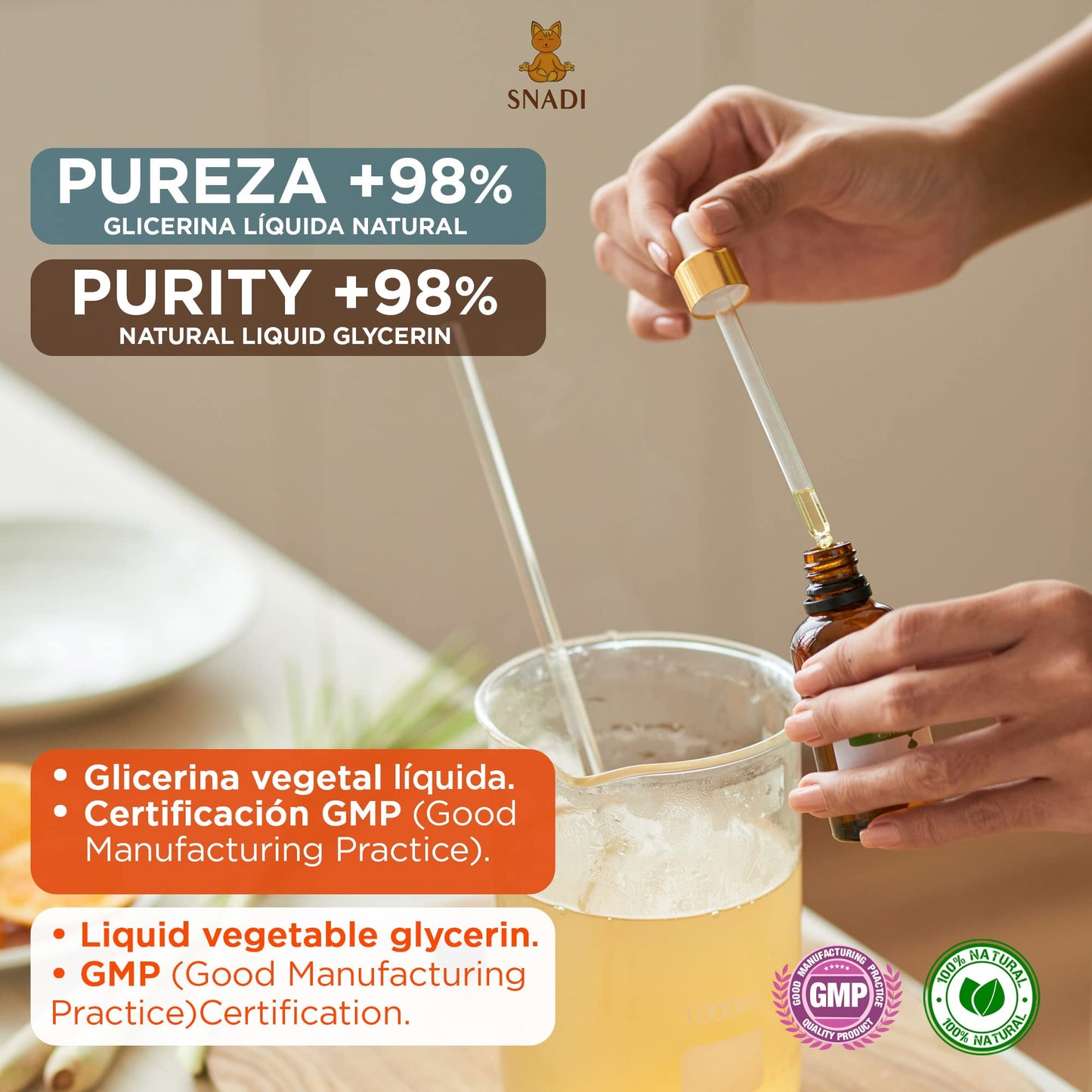 Snadi 500 ml - Oral and Cosmetic Glycerine (USP), Purity +98% (Vegetal Glycerine). Edible Glycerine, Cosmetic, Skin, Hair. Natural Glycerine.