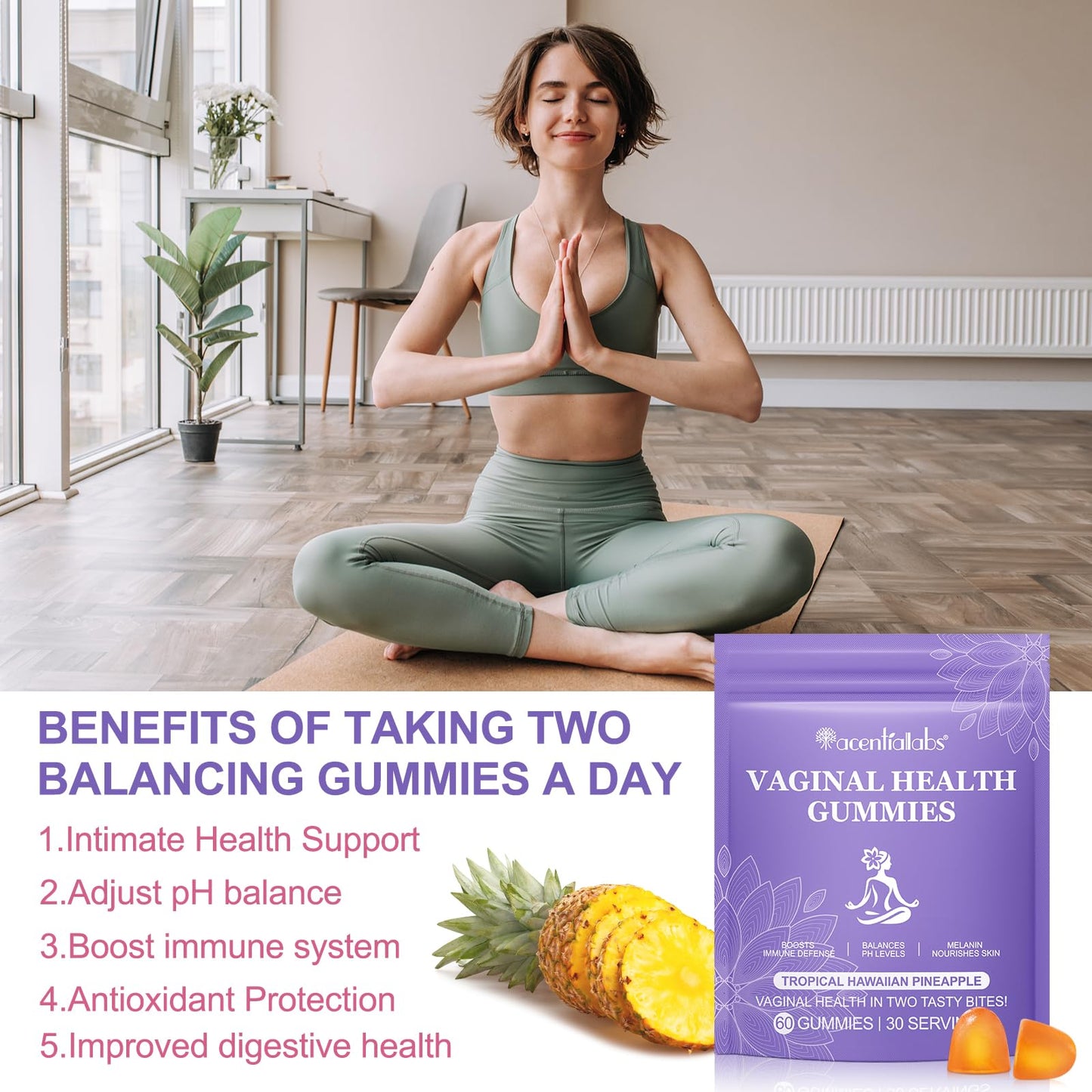 Uruses Feminine Balance Gummies 60 Pcs – Hawaiian Pineapple Flavour PH Balance & Immune Support for Women of All Ages, Gluten-Free & Vegan