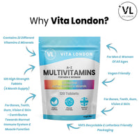 Multivitamin Tablets for Men & Women | 22 Essential Active Multi Vitamins & Minerals | 4 Month Supply (Tablet, not Powder or Capsule) | Food Supplement Made in UK, Vegan