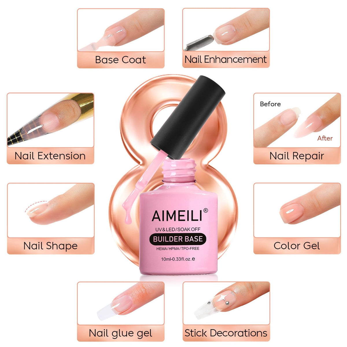 AIMEILI 8 in 1 Builder Base Sheer Color Gel Set, No Need Slip Solution Builder Extension, Soak Off UV LED Nude Gel Polish Multicolour Of 6pcs X 10ml - Gift Kit 38