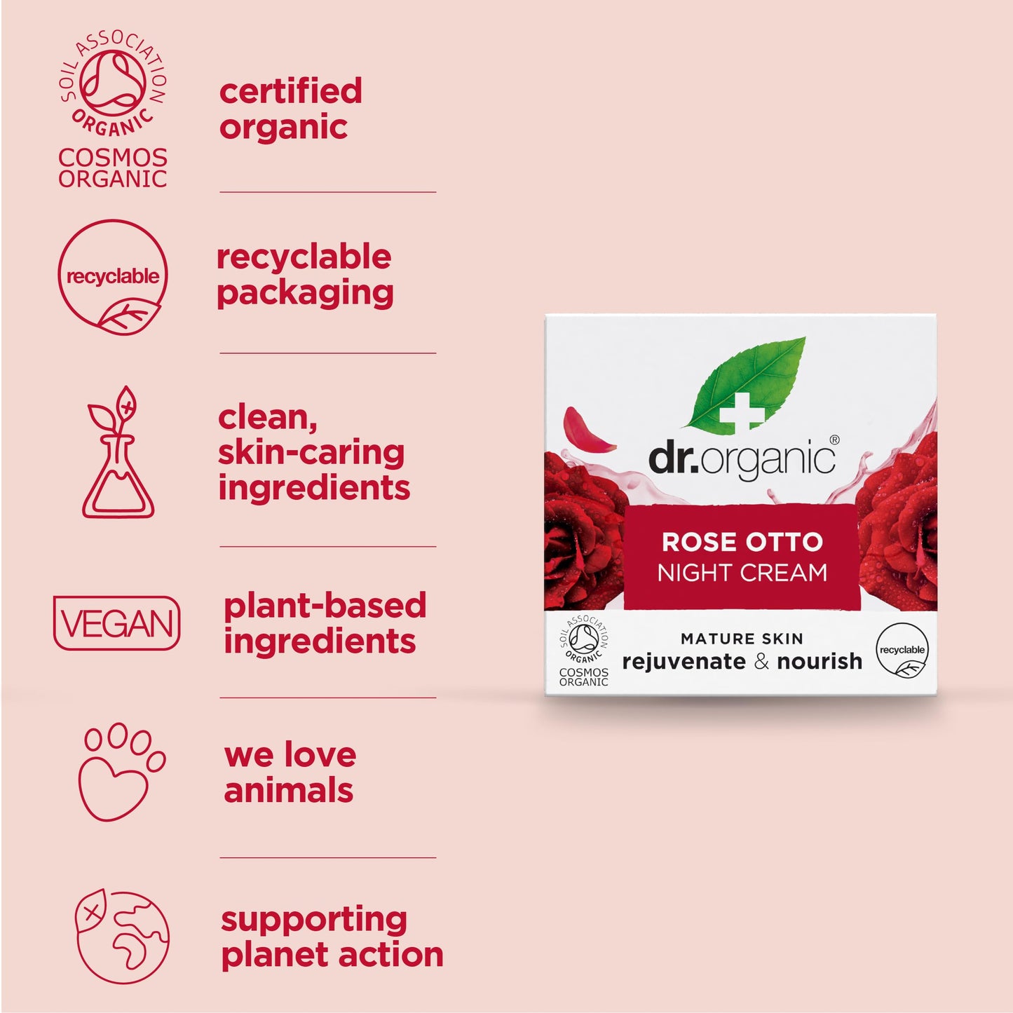 Dr. Organic Dr Organic Rose Otto Night Cream, Moisturising, Healthy-Aging, Wrinkles, Natural, Vegan, Cruelty-Free, Paraben & SLS-Free, Recycled & Recyclable, Certified Organic, 50ml, Packaging may vary
