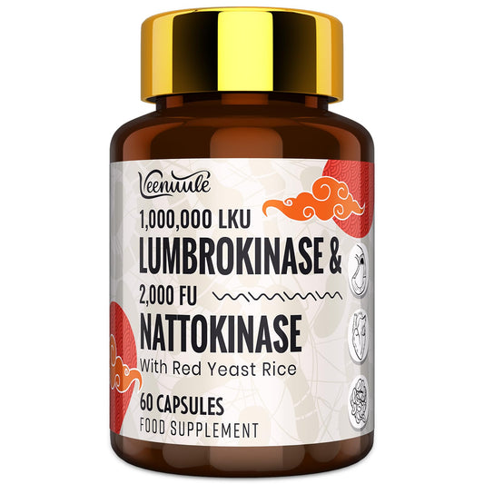 Veenuule Lumbrokinase Supplement 100mg │ Maximum Activity - 1,000,000 LKU │ Lumbrokinase Capsules with Nattokinase 100mg 2000 FU for Blood Circulation and Cardiovascular Health, 60 Capsules