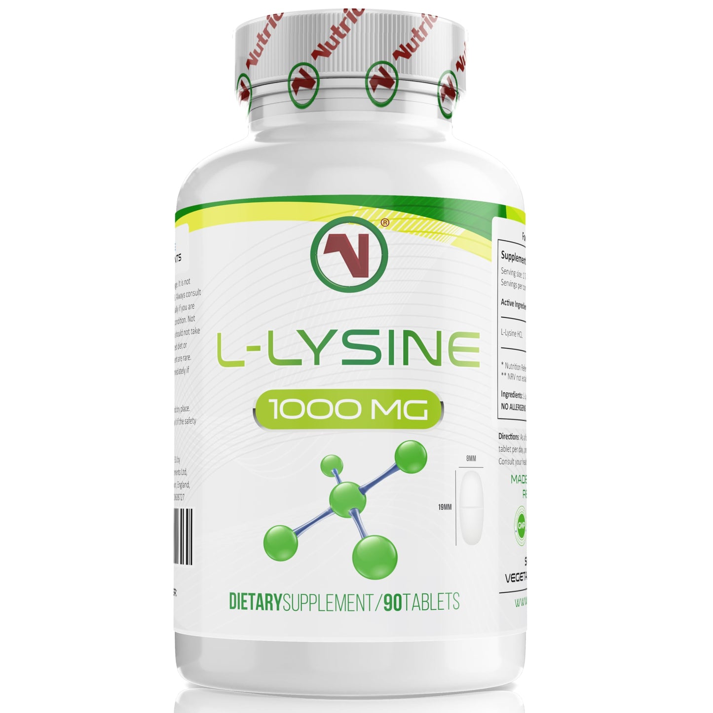 Nutriodol L-Lysine x 90 1000mg Tablets | Smallest Possible 19mm Formula | Easier to Swallow and Quicker to Absorb - Suitable for Vegetarian and Vegan. (90)