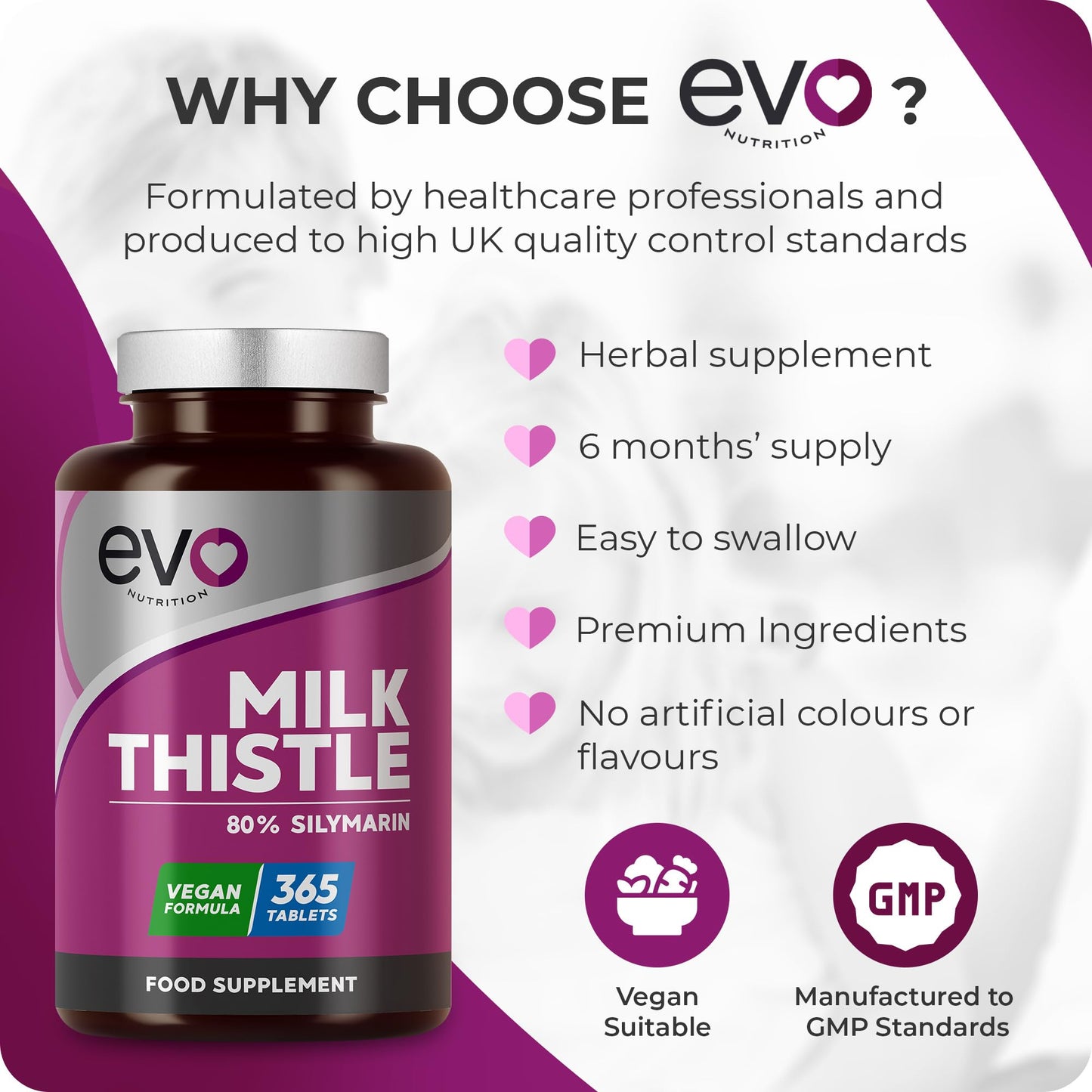 EVO NUTRITION Milk Thistle Tablets | 80% Silymarin | 365 Tablets | Vegan Supplement | Milk Thistle Capsules Alternative | Made in The UK