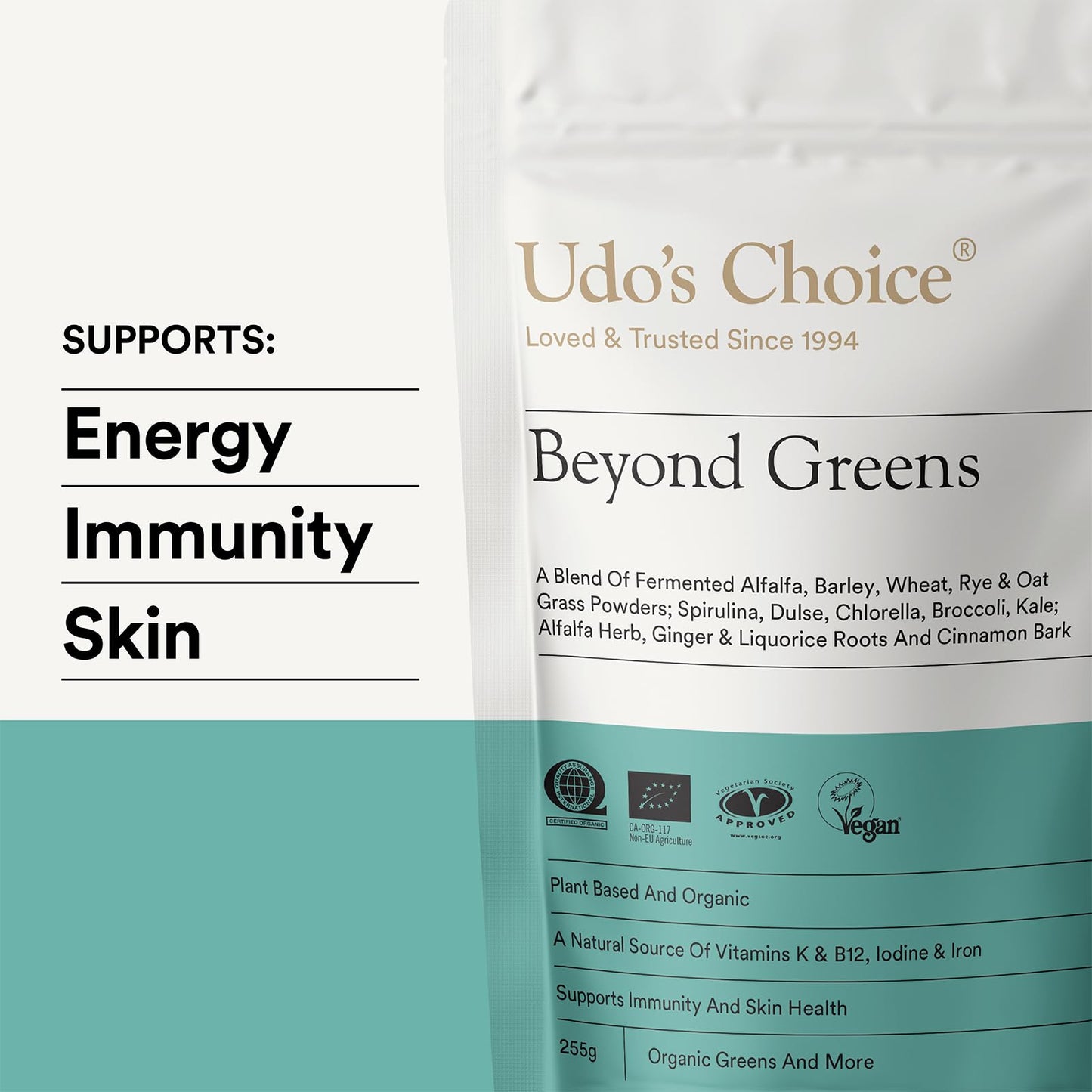 Greens Powder with Barley, Kale, Chlorella & Spirulina – Organic Vegan Superfood for Skin, Gut & Immune Health – High Fibre Detox Support – Udo's Choice Beyond Greens – 16 Servings