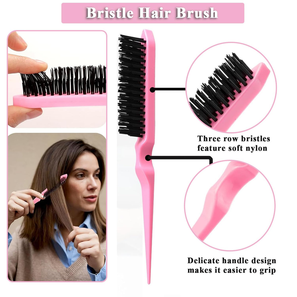 Pubiao Hair Brush Set 3 Piece, Boar Bristle Brush for Smoothing Frizz-Free, Edge Control Brush for Flyaways, Rat Tail Comb for Sectioning Teasing – Salon Styling Kit