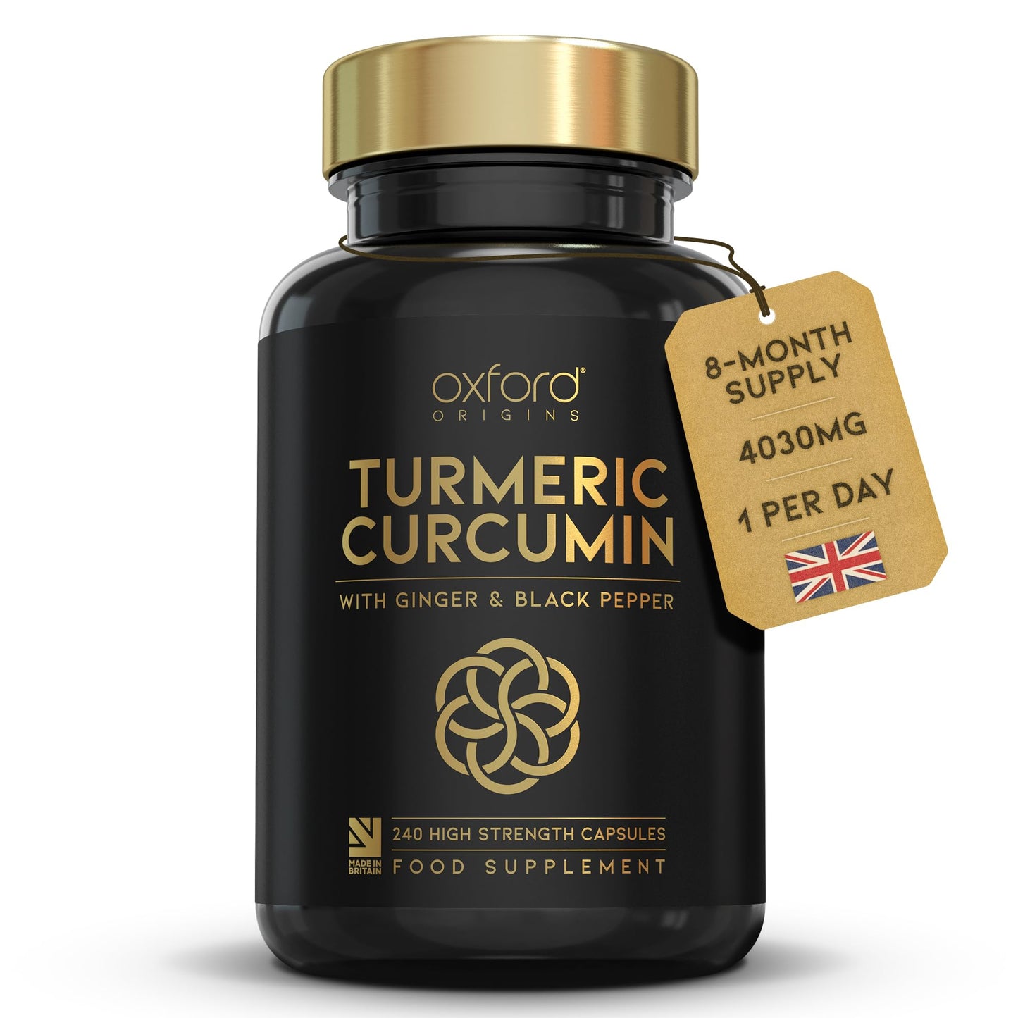 Oxford Origins Advanced Turmeric and Black Pepper Capsules Made in the UK | ONE per Day Turmeric Supplement with Ginger & Black Pepper | High Absorption Tumeric Supplement Joints Care (240 Count)