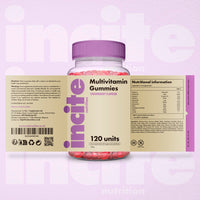Incite Nutrition Multivitamin Gummies. 120 Strawberry Flavour Chewable Biotin Gummies. Contain Vitamins A, B6, B12, C, D3, E, Folic Acid and Zinc. 2 Month Supply of Multivitamins for Adults