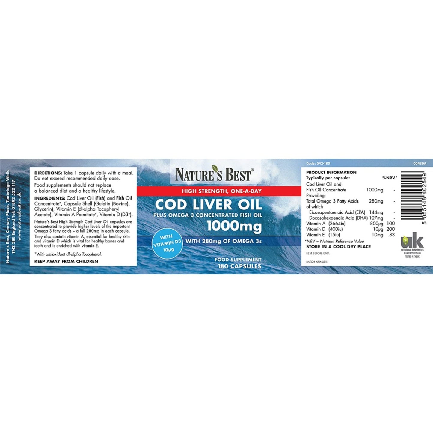 High Strength Cod Liver Oil Capsules 1000mg | 180 Capsules | One-A-Day | 6 month's Supply | Taste Free | Omega 3s with Vitamin D3 10µg | UK Made | 5-Stage Purification Process