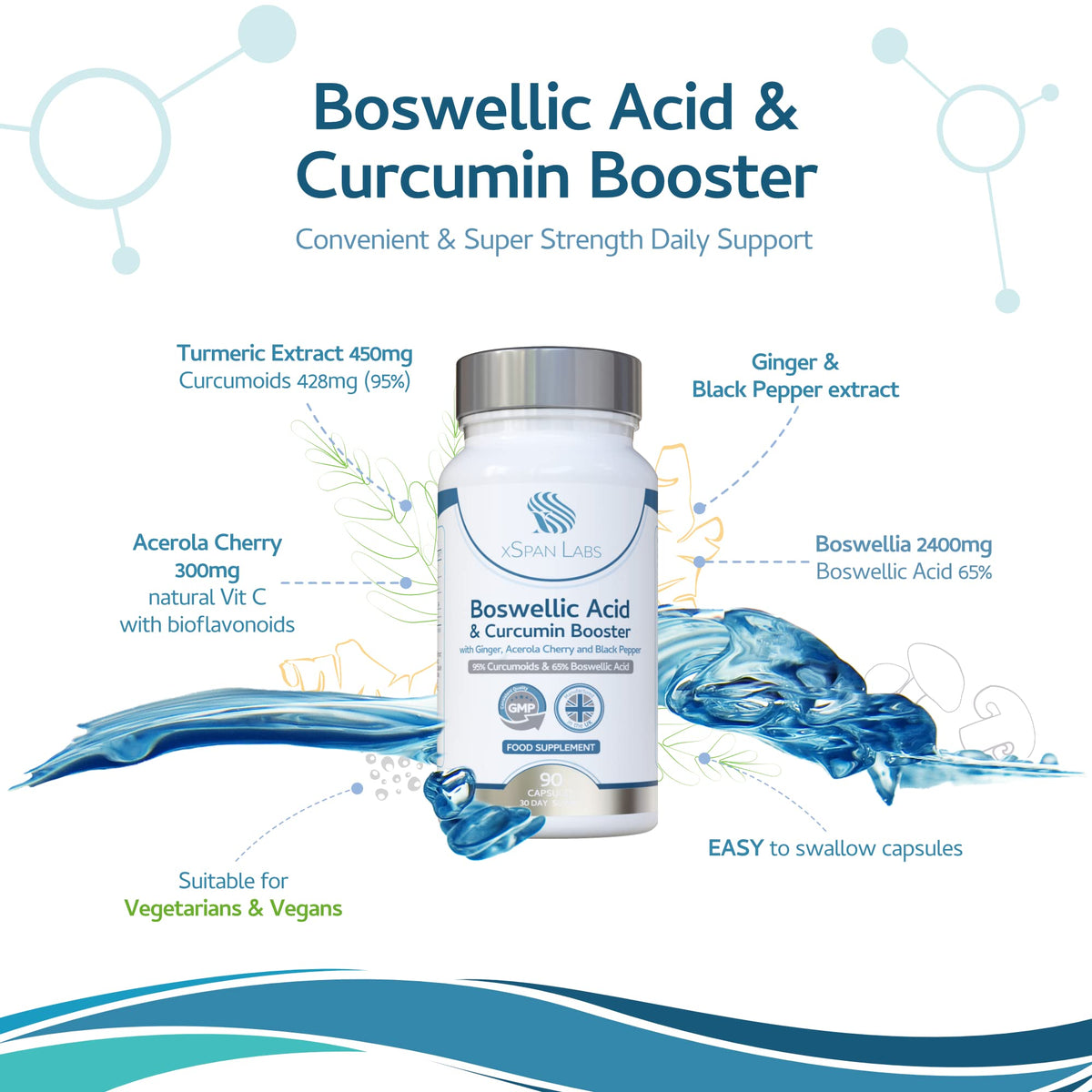 Xspan Labs Boswellic Acid & Curcumin Booster Complex – 1 Month Supply, 90 Capsules - containing Minimum 95% Curcumoids & 65% Boswellic Acid - with Added Ginger, Acerola Cherry and Black Pepper