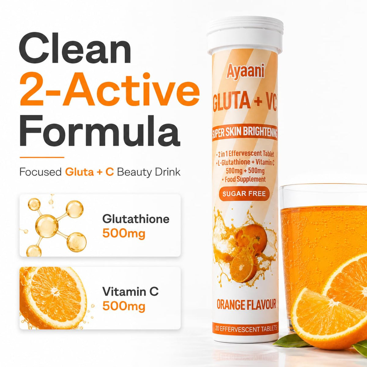 Ayaani Glow Orange Glutathione Beauty Drink | 1000mg Gluta + C with Glutathione 500mg + Vitamin C 500mg | Skin Glow, Brightening, Radiance & Even Tone | Zero Sugar, No Fillers | 20 Tablets