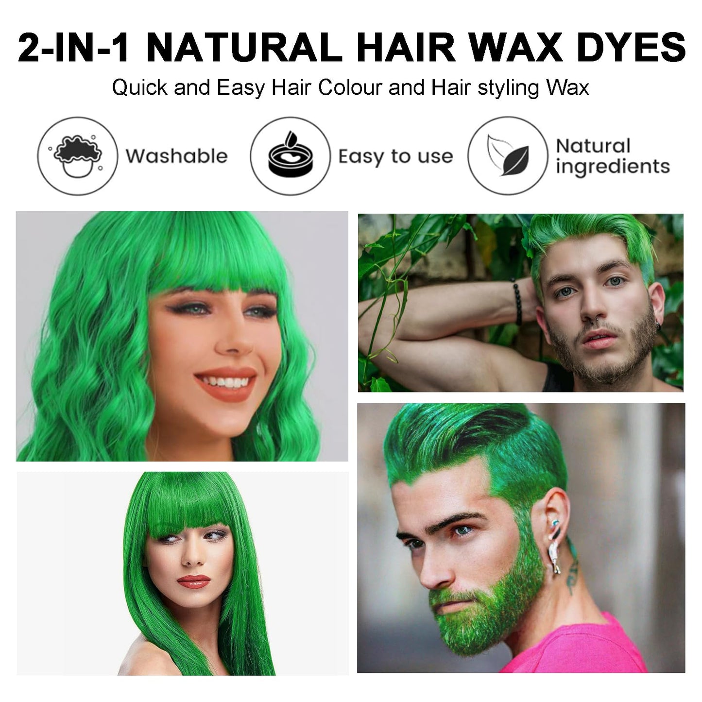 Temporary Green Hair Color Wax - Instant Styling Green Hair Dye Mud - Washable Coloured Hair Wax Pomad For Men Women - Ideal For Halloween, Cosplay, Parties,Masquerade,Nightclub (120g)