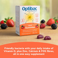 Optibac Probiotics Adult Gummies - Vegan Digestive Probiotic Supplement with Vitamin D, Zinc & Calcium for Immune Support & Gut Health - 5 Billion Bacterial Cultures - 30 Gummies