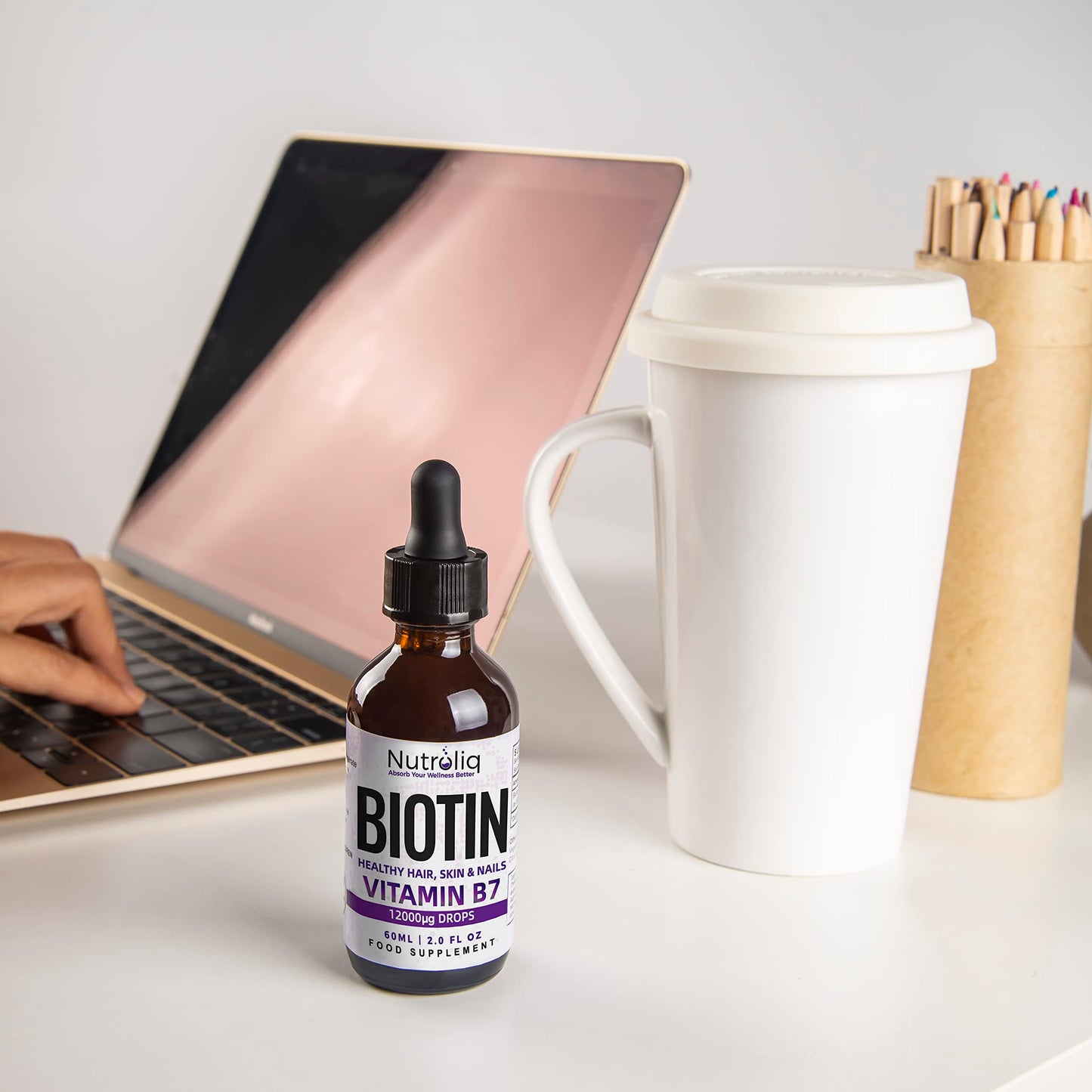 Nutroliq Absorb Your Wellness Better Nutroliq Biotin Liquid Drops - Vegan Vitamin B7 Dietary Supplement for Hair, Nail & Skin Health - Pure 12000mcg Biotin Drops for Hair Growth - Extra Strength Berry-Flavoured Vitamin H Serum - 60 ml