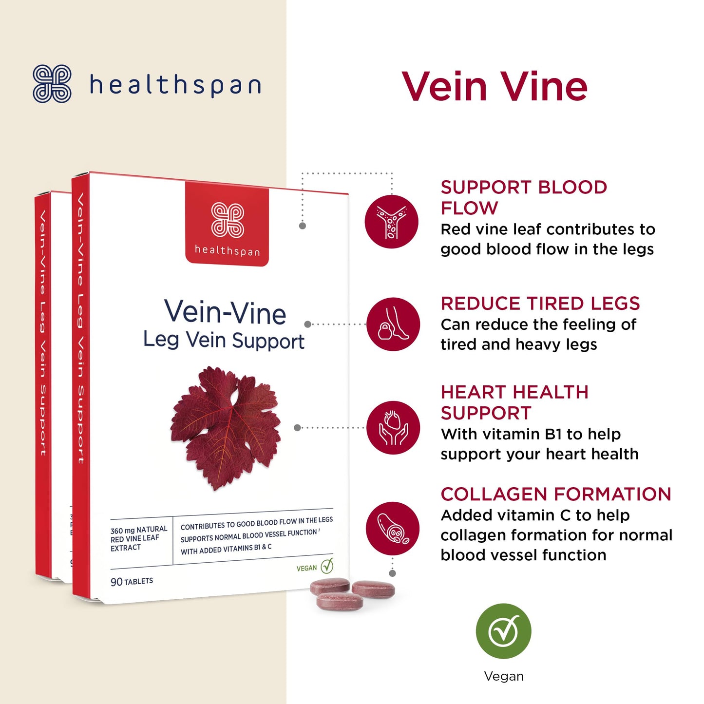 Healthspan Vein Vine Leg Vein Support 360mg (180 Tablets) | for Tired & Heavy Legs | Maintains Healthy Leg-Vein Functions | Red Vine Leaf Extract | Added Vitamins B1 & C | Vegan