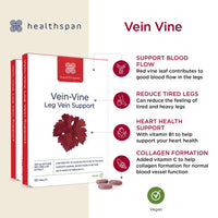 Healthspan Vein Vine Leg Vein Support 360mg (180 Tablets) | for Tired & Heavy Legs | Maintains Healthy Leg-Vein Functions | Red Vine Leaf Extract | Added Vitamins B1 & C | Vegan