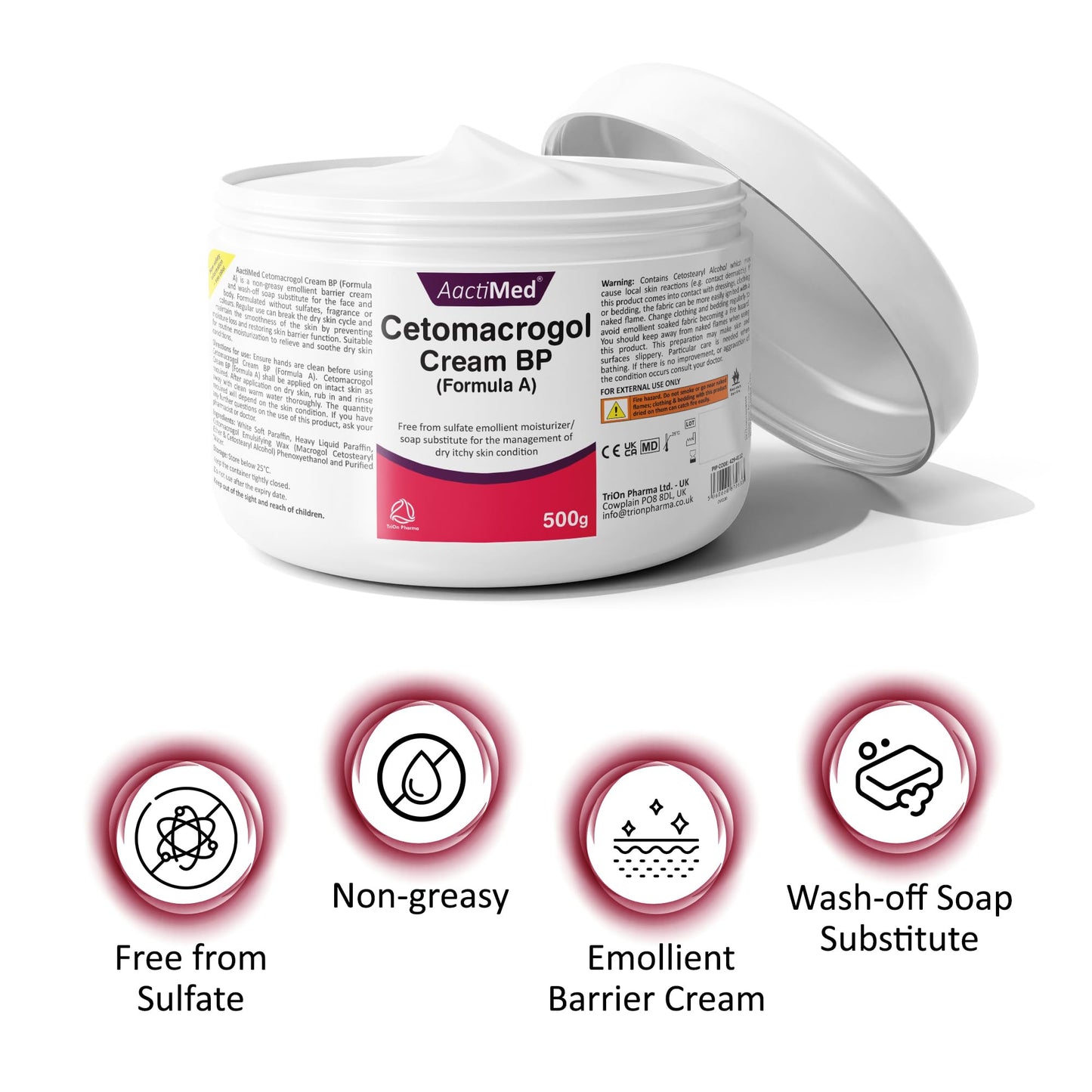 AactiMed ActiMed Cetomacrogol Cream BP– 500g | Emollient Moisturizer & Soap Substitute for Dry, Itchy Skin | Non-Greasy Skin Barrier Cream for Face & Body