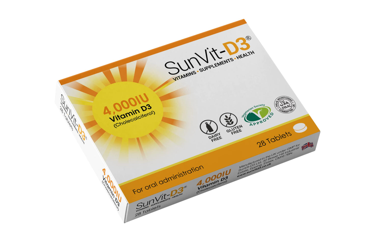 SunVit-D3 Vitamin D3 4000 iu - High Strength Vitamin D Tablets Support the Maintenance of Bone, Teeth, Muscle & Immune System | Made in UK & GMP Approved | Dairy & Gluten free - D3 Vitamins 28 Tablets