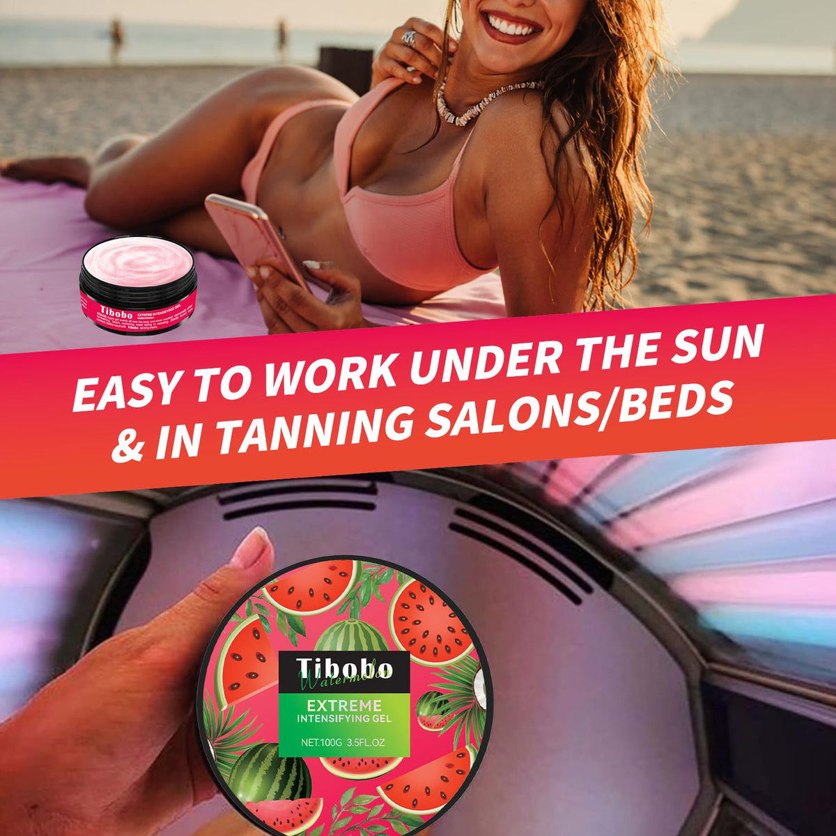 Tibobo Premium Tan Accelerator Gel 100g - For Sunbed Use & Outdoor Sun Tanning Enhancer, Fast Bronzing Cream with Natural Formula, Intensifying Self Tanning Boosting Oil, Long-Lasting Hydrating(Watermelon)