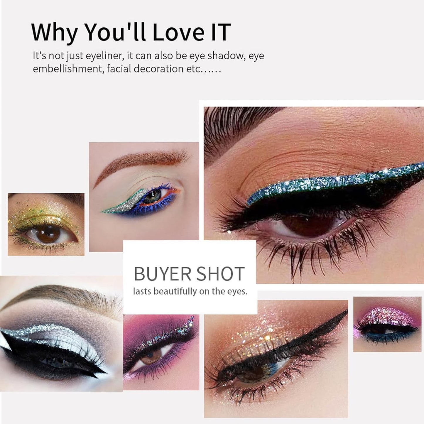 QUIWEN Glitter Eyeliner, Glitter Eye Silver, Liquid Glitter Eyeshadow, Waterproof Sparkle Long-Lasting Smudge-proof Liquid Eye Liners, Quick Dry Shimmer White Silver Beauty Makeup For Women (Silver)