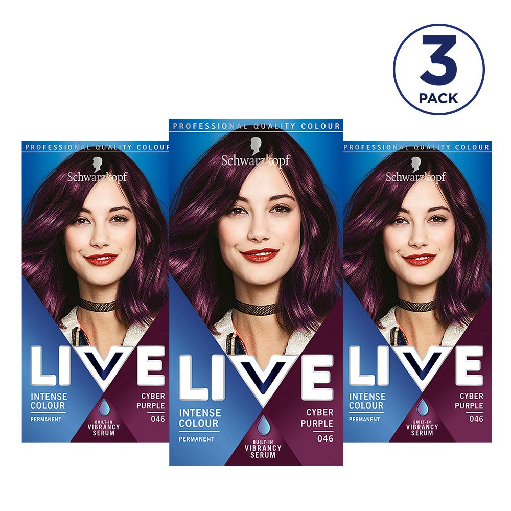 LIVE Schwarzkopf Live Intense Colour Purple Hair Dye, 3-Pack Permanent Colour with Vibrancy Serum, 046 Cyber Purple