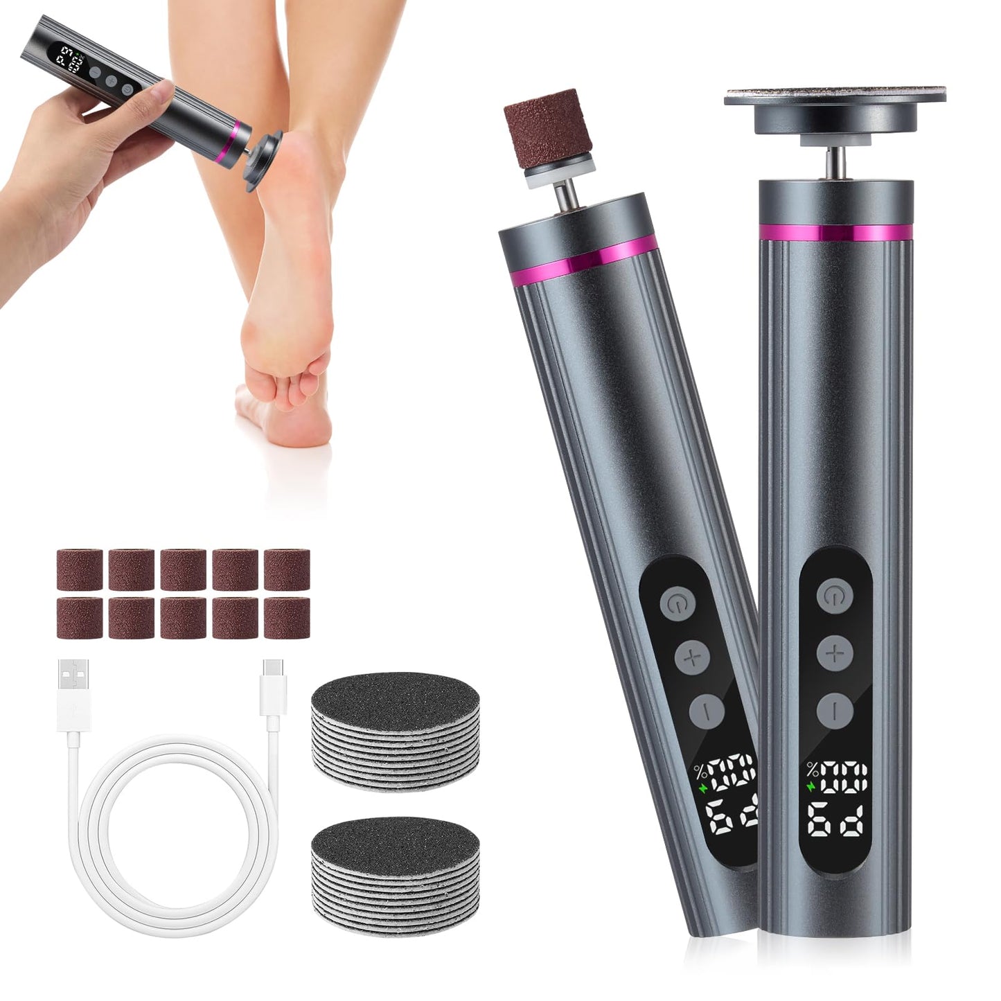 VIHBRAI 2-in-1 Electric Foot Callus Remover & Nail File 9-Speed LCD Pedicure Kit with 13000 RPM 2400mAh Dual Rotation (P/F/R) 3 Sanding Heads & Toe Grinder Hard Skin Remover for Feet & Nails