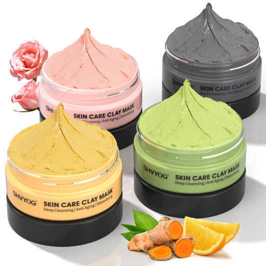 SHVYOG Clay Face Mask Kit, Vitamin C Clay Mask with Turmeric, Dead Sea Mud, Green Tea, Rose, Skin Care Facial Mask for Deep Cleansing, Controlling Oil and Refining Pores & Mask Brush(240g in Total)