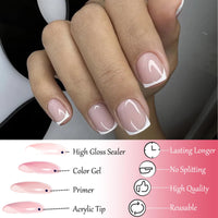NLFOX 24Pcs French Tip False Nails Short - Press on Nails - Fake Nails with Glue - Nude White Stick on Nails - Full Cover Acrylic Square False Nail Tips for Women Girls Nail Art