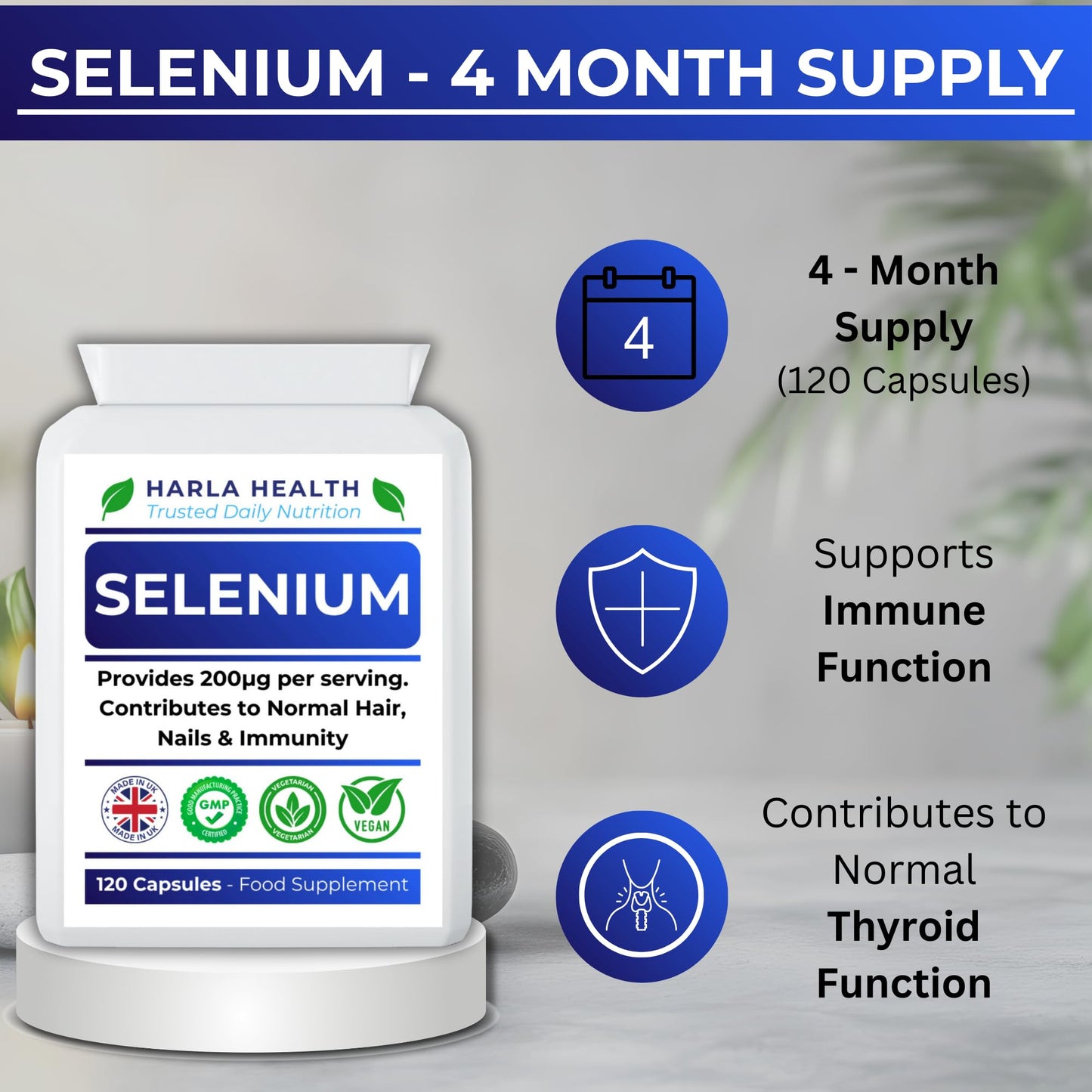 Harla Health Selenium 200µg – 120 Vegan Capsules (4-Month Supply) | Immune System, Thyroid Function & Antioxidant Support | UK Made, GMP Certified