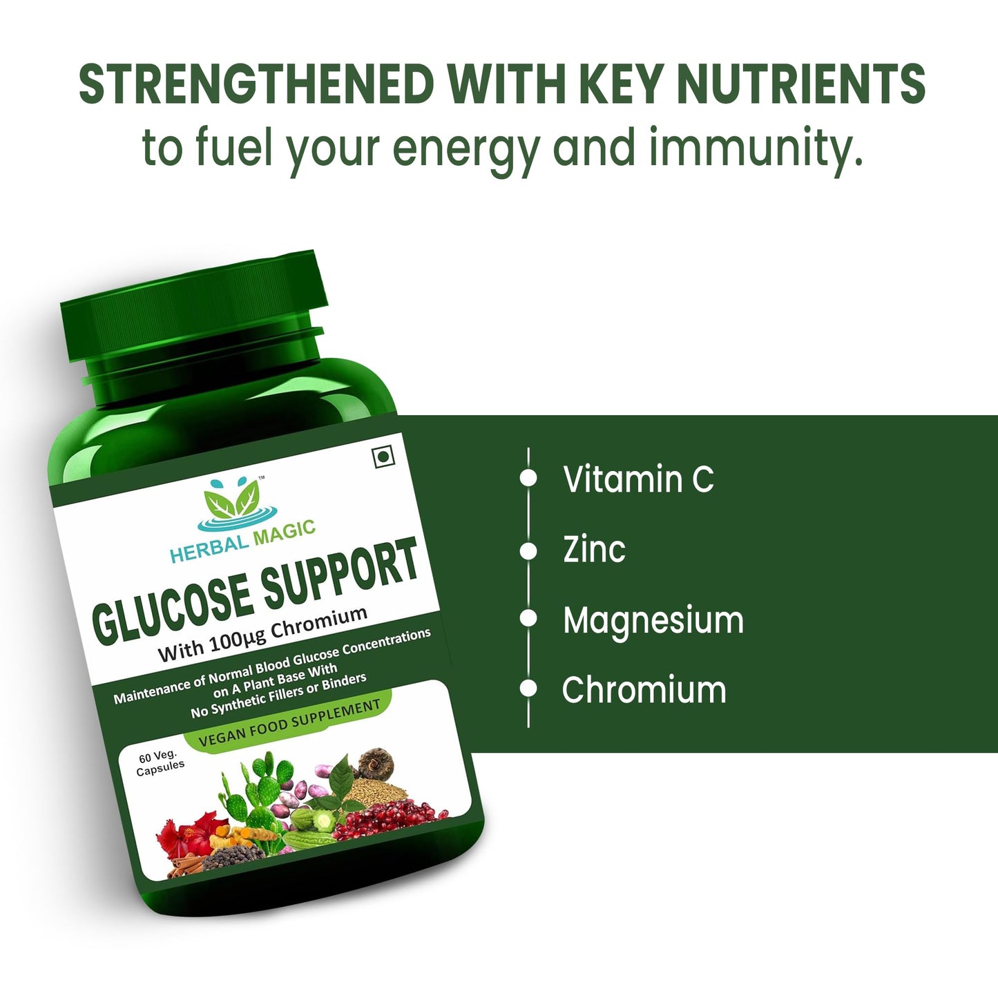 Herbal Magic Glucose Support – 60 Capsules, Vegan Food Supplement with Herbal Blend for Metabolism & Wellness