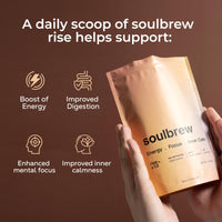 SoulBrew Rise - Mushroom Coffee Alternative - with Lion's Mane, Cordyceps, Chaga, Maca, Ashwagandha & Cacao – Gut Friendly Nootropic Superfood with Adaptogens for Energy & Focus - Vegan - 30 Servings