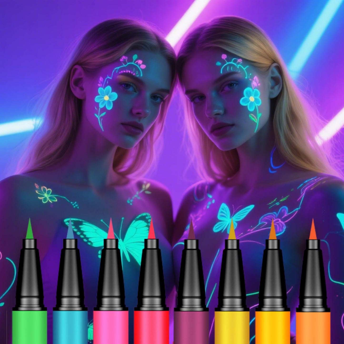 SHEBEEDO UV Face Paint Pens 8 Colours, Neon Face Paint, Glow in the Dark, FacePaint Markers, Body Art Kit - Quick Dry Washable Neon Makeup for Halloween, Festivals, Raves & Blacklight Parties
