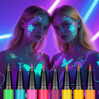 SHEBEEDO UV Face Paint Pens 8 Colours, Neon Face Paint, Glow in the Dark, FacePaint Markers, Body Art Kit - Quick Dry Washable Neon Makeup for Halloween, Festivals, Raves & Blacklight Parties