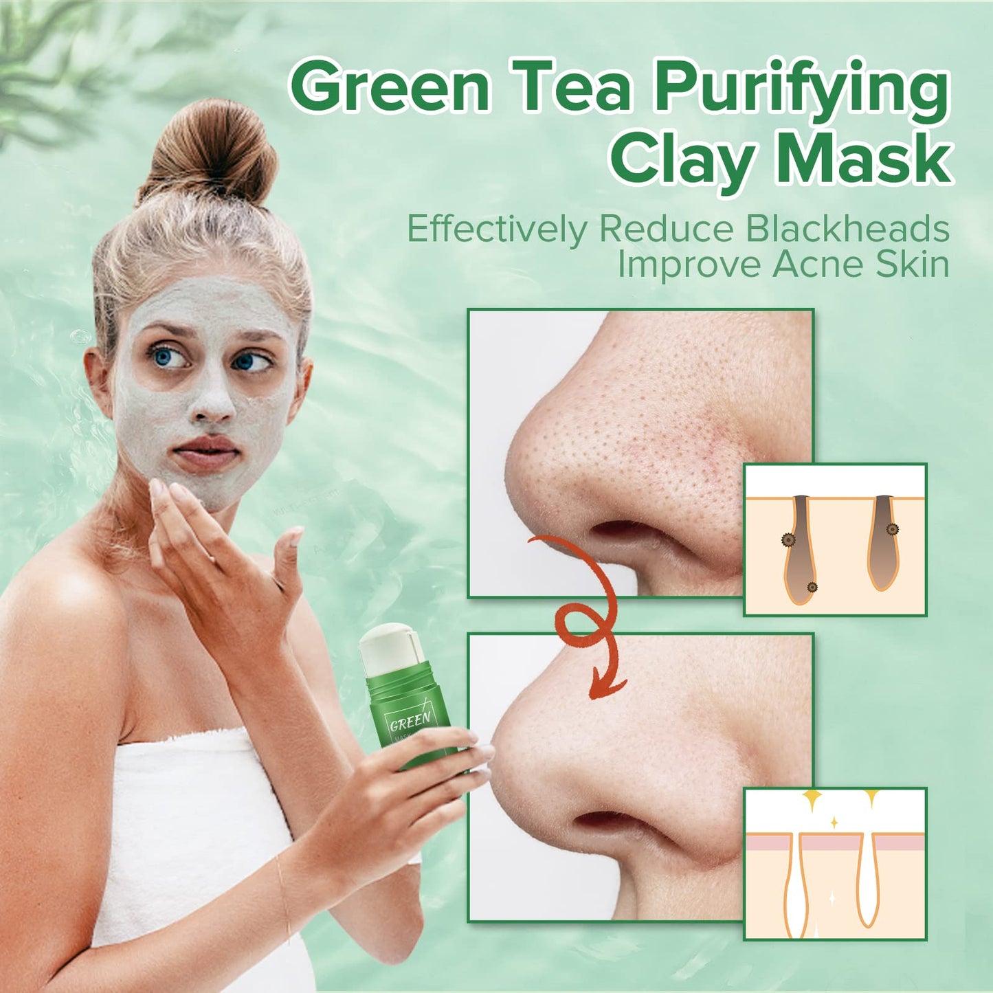 HZZYJ 2 Pack Green Tea Cleansing Mask Stick,Blackhead Remover Mask Stick,Purifying Clay Stick,Anti-Acne Oil Control & Clean Pores for All Skin Types Women and Men