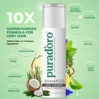 Puradoro Grey Hair Control & Healthy Roots Shampoo – Grey Attack & Blonde Hair Toner, Biotin, Caffeine & Indigofera, Herbal Essence Infused with Essential Oils, For Men & Women