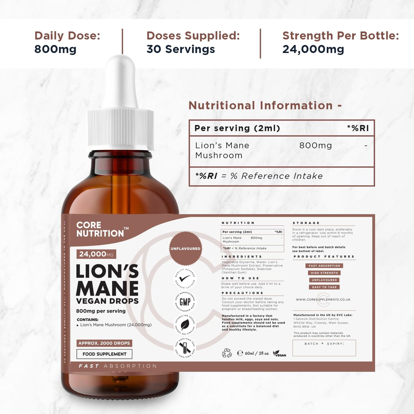 Lions Mane Supplement Liquid Drops by Core Nutrition - High Strength of 24,000mg per 60ml Bottle - Vegan - 1 Month Supply of Lions Mane Extract - Made in UK