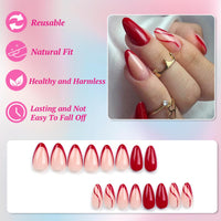 Ceboic Almond False Nails Medium, 24Pcs French Tip Press on Nails Red Ripple Gel Fake Nails 12 Sizes, Natural Glue on Nails Full Cover Acrylic Oval Stick on Nails for Women and Girls