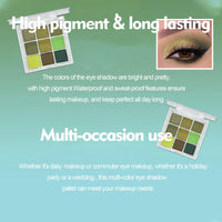 LYNTYAOU 9 Colour Eyeshadow Palette, Shimmer Matte Eye Shadow Smooth Pigmented Shimmering Cool Make-Up Palettes, Green Yellow Waterproof Longlasting Party Makeup Eye Shadow Pallets for Women