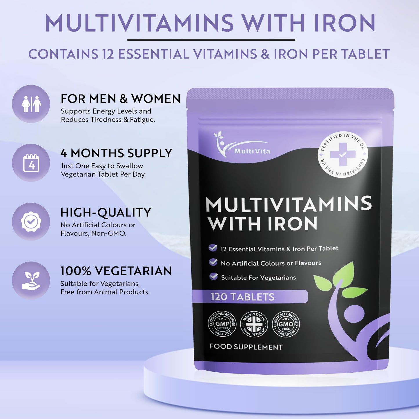 Multivita Multivitamins with Iron – 12 Essential Vitamins & Iron – Immune, Energy & Skin Support – 1-a-Day for Men & Women – 120 Tablets – 4 Month Supply – Vegetarian – Made in UK
