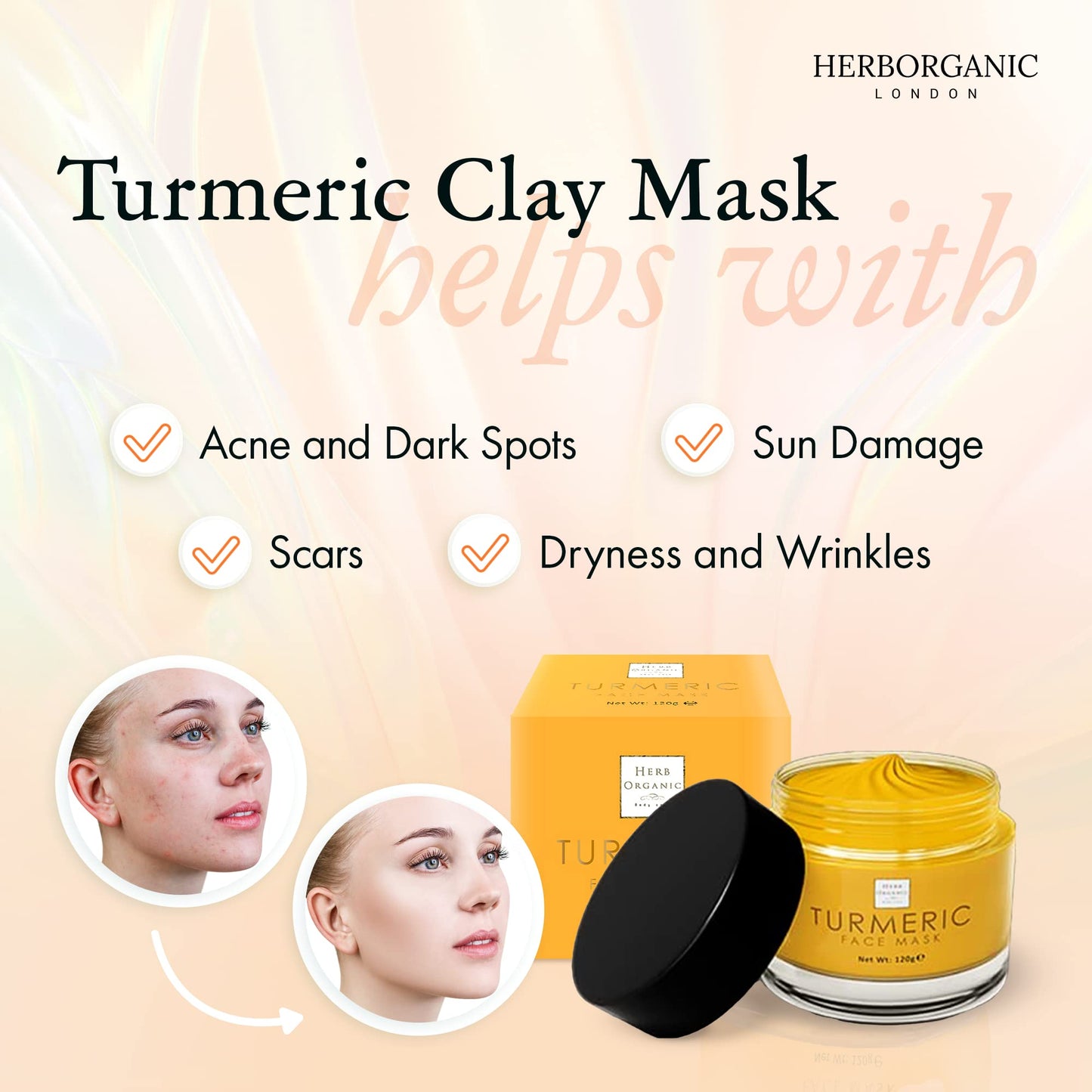 Herborganic Turmeric Clay Face Mask – For Detoxification and Hyper-Pigmentation – 120 g – Acne Treatment and Deep Cleansing with Aloe Vera and Jojoba Oil