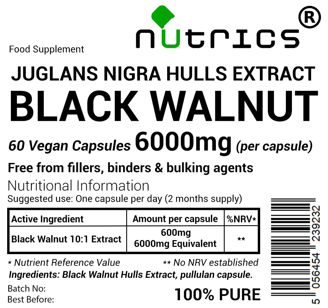 Nutrics® 6000mg (per Capsule) Black Walnut Hulls Extract V Capsules - 100% Pure No fillers Binders or Bulking Agents - Juglans Nigra Persian Regia Jupiter's Royal Acorn Supplement (60)